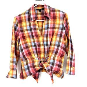 Lafayette 148 New York Plaid Colorful Linen Tie Front Button Up Shirt Womens 2